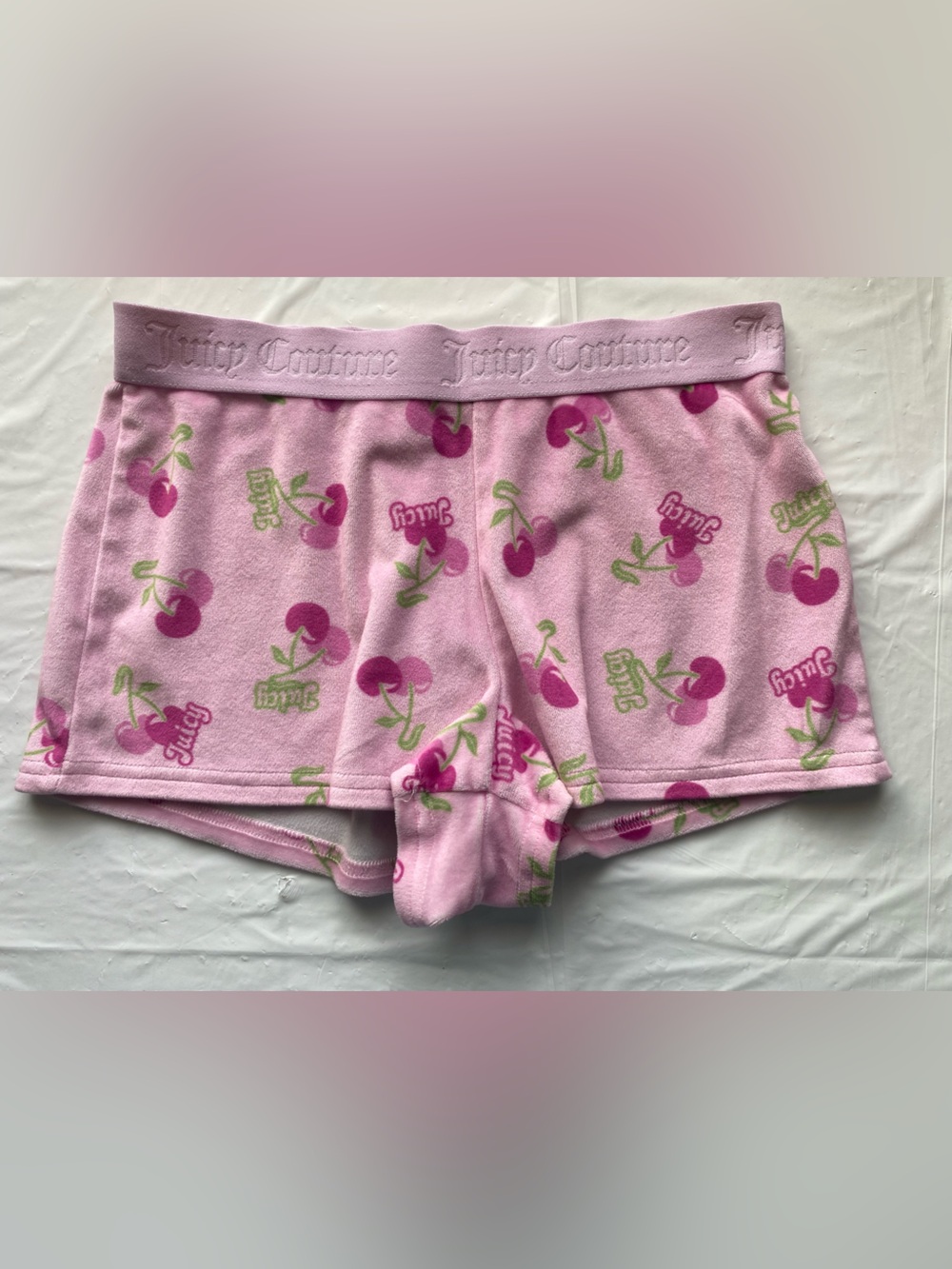 Juicy Couture Light Pink Cherry Print Velour Pajama Shorts Size S Coquette Y2K